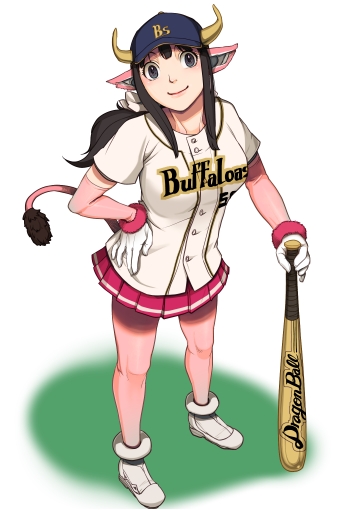 1girl, animal_ears, baseball_bat, baseball_cap, buffalo_bell, buffalo_bell_(cosplay), chichi, clothes_writing