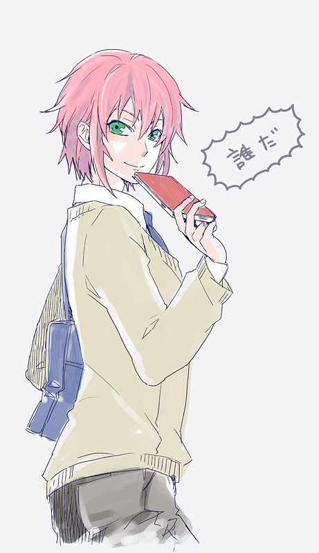 1boy, 47lgm, alternate_hairstyle, green_eyes, inazuma_eleven_(series), inazuma_eleven_go, kirino_ranmaru, male, necktie, pink_hair, school_uniform, short_hair, simple_background, smile, solo, sweater