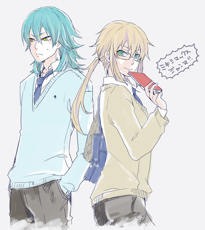 2boys, 47lgm, aqua_hair, back-to-back, blonde_hair, fusion, glasses, green_eyes