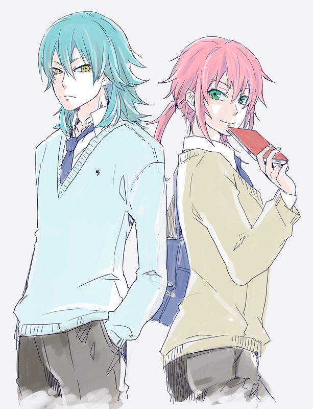 2boys, 47lgm, aqua_hair, back-to-back, green_eyes, inazuma_eleven_(series), inazuma_eleven_go, kariya_masaki