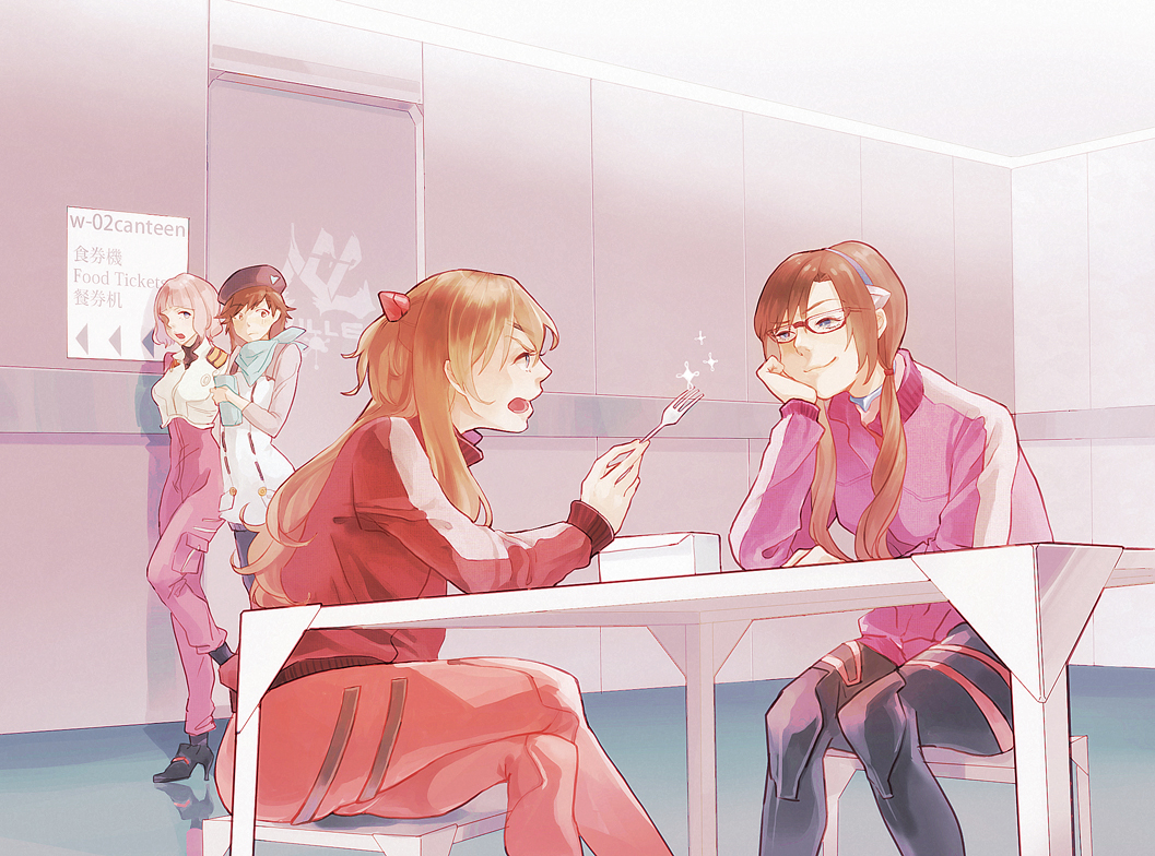 4girls, brown_hair, ckfji, eating, evangelion:_3.0_you_can_(not)_redo, fork, hat, kitakami_midori, long_hair, makinami_mari_illustrious, multiple_girls, neon_genesis_evangelion, orange_hair, pink_hair, plugsuit, rebuild_of_evangelion, shikinami_asuka_langley, short_hair, smile, souryuu_asuka_langley, suzuhara_sakura, twintails, uniform