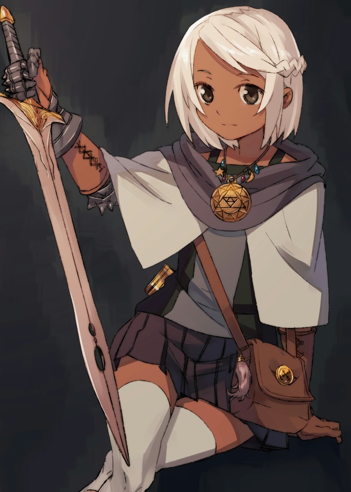 1girl, arm_support, braid, brown_eyes, crossed_legs, dark_skin, gauntlets, gloves