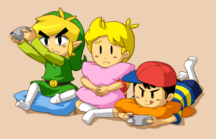 black_hair, blonde_hair, child, controller, game_controller, gamecube, hat, link, lucas, mother_(game), mother_2, mother_3, ness, nintendo, pillow, playing_games, pointy_ears, super_smash_bros., swammi, the_legend_of_zelda, tongue, toon_link