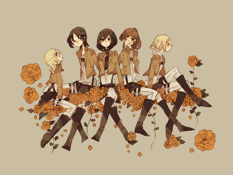 5girls, annie_leonhardt, arm_support, black_hair, blonde_hair, blush, boots, brown_hair