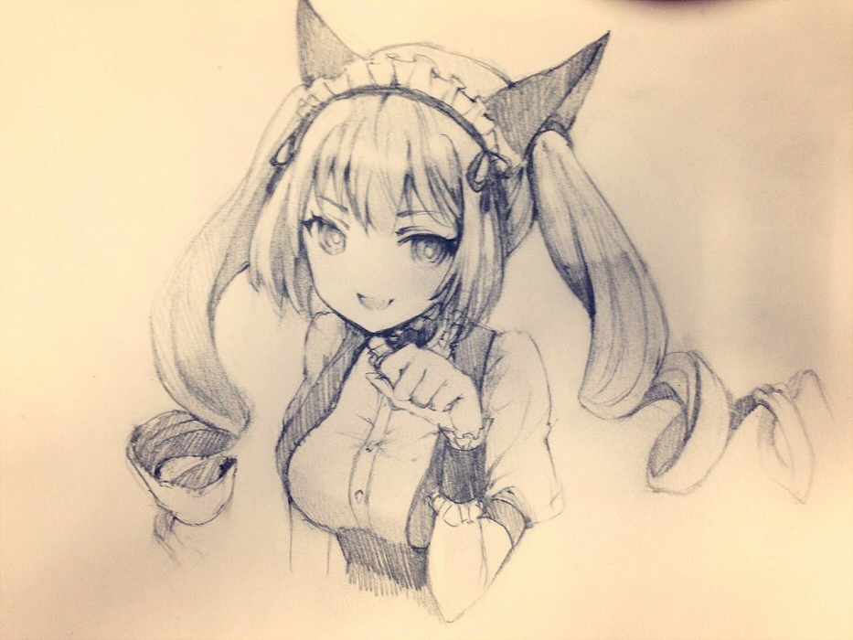 1girl, :d, bust, detached_collar, drill_hair, faris_nyannyan, graphite_(medium), long_hair, looking_at_viewer, maid_headdress, momoko_(momopoco), monochrome, open_mouth, paw_pose, portrait, smile, solo, steins;gate, traditional_media, twin_drills, twintails, wrist_cuffs