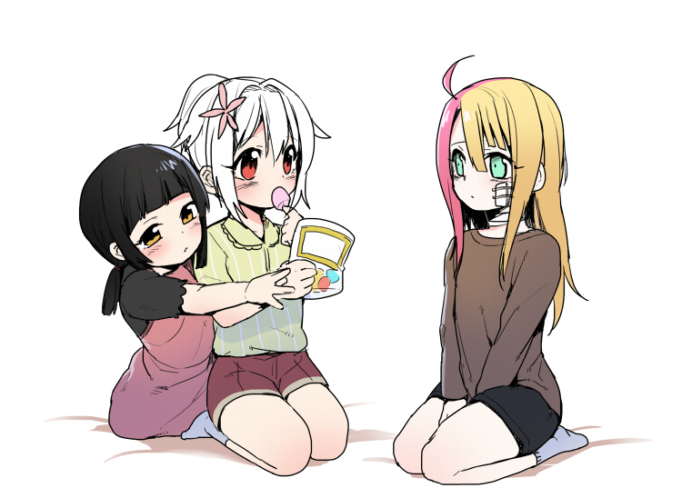1girl, 2boys, ahoge, androgynous, between_legs, black_hair, blonde_hair, blush