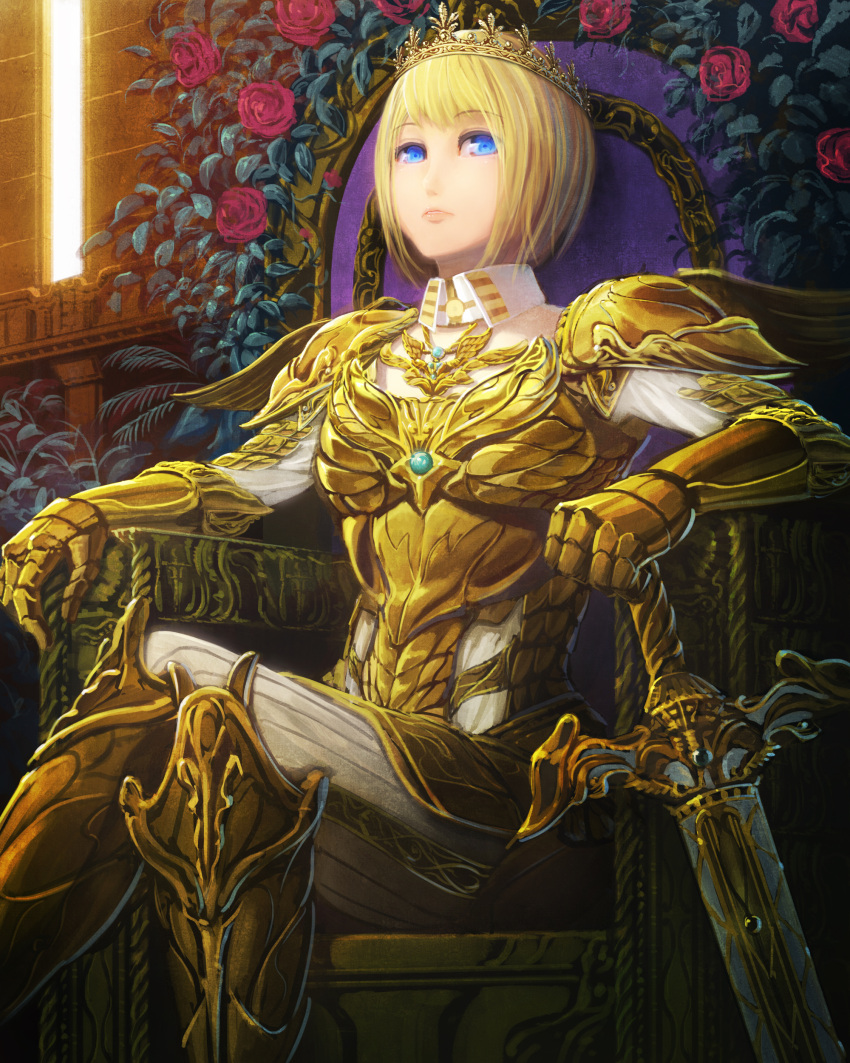 1girl, absurdres, armor, blonde_hair, blue_eyes, crown, flower, highres