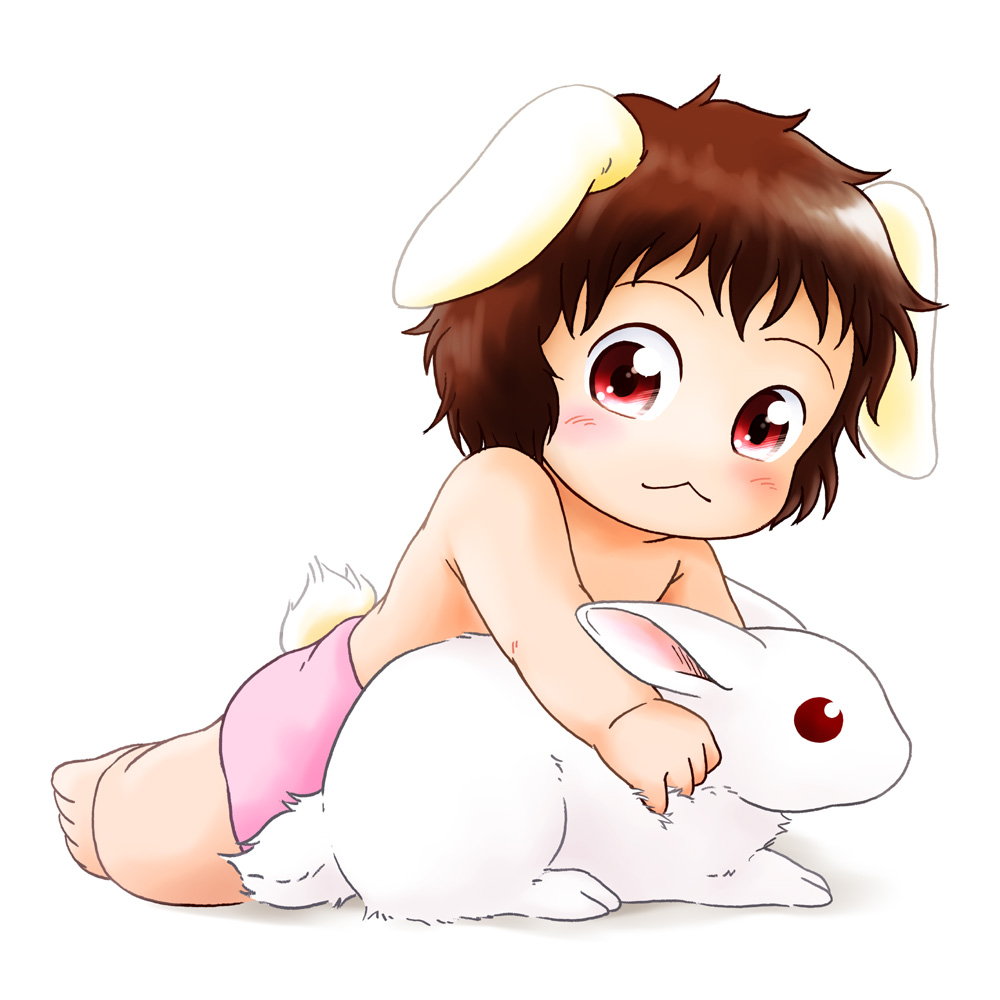 1girl, :3, animal_ears, baby, bare_legs, barefoot, brown_hair, bunny_tail, chinon, diaper, inaba_tewi, rabbit, rabbit_ears, red_eyes, short_hair, simple_background, sitting, solo, tail, topless, touhou, white_background, young