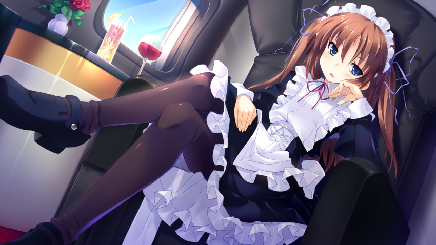 1girl, aqua_eyes, armchair, black_legwear, brown_hair, chair, crossed_legs, cup
