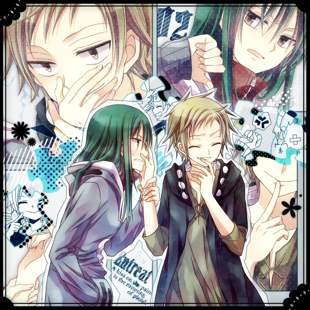 1boy, 1girl, annoyed, blush, brown_eyes, brown_hair, green_hair, hand_on_another's_face, kagerou_project, kano_(kagerou_project), kido_(kagerou_project), long_hair, minorikoike, multiple_persona, puzzle, short_hair