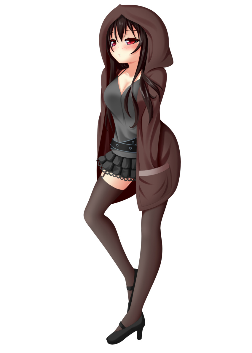 1girl, black_hair, black_legwear, blush, breasts, cleavage, garter_straps, hands_in_pockets
