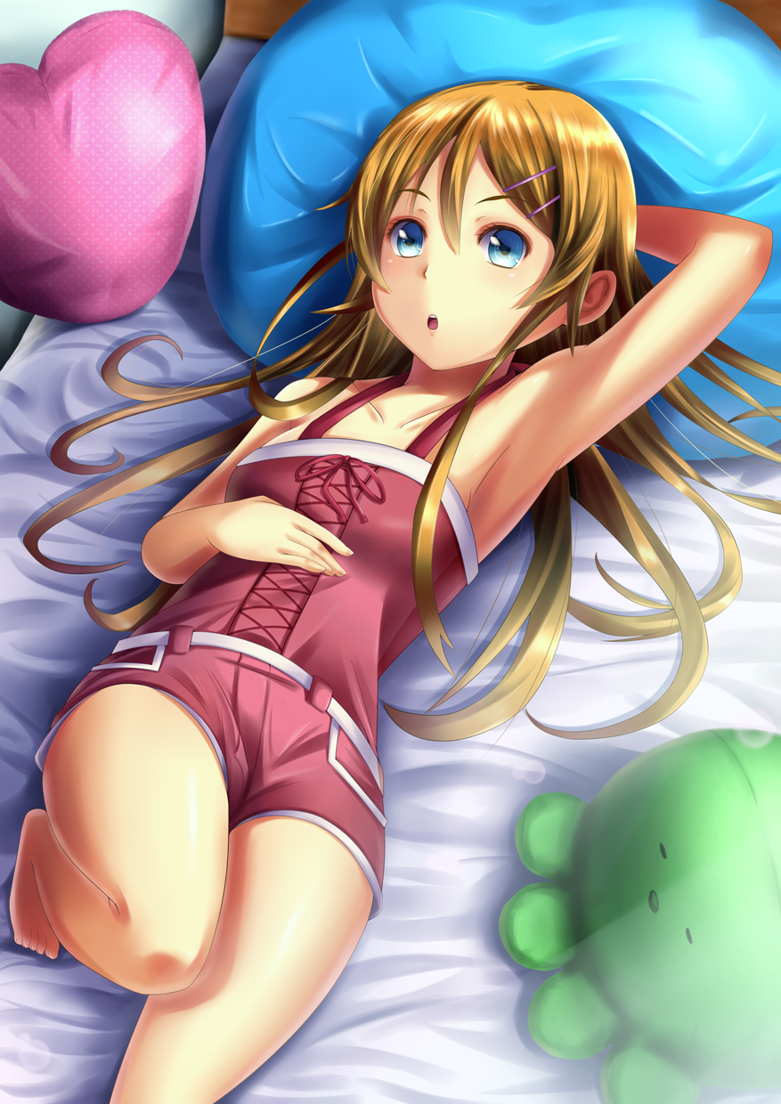 bed, blonde_hair, blue_eyes, casual, fukuma, heart, heart_pillow, highres