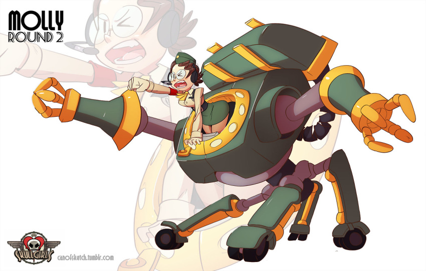 brown_hair, cravat, dustin_cantos, garrison_cap, glasses, hat, headset, mecha, molly_(skullgirls), outstretched_hand, pantyhose, riding, round_glasses, skirt, skullgirls, walker, watermark, web_address, zoom_layer