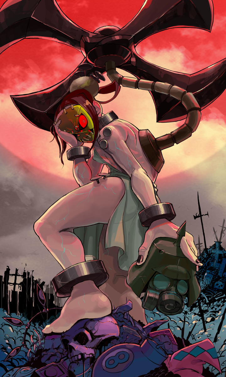 1girl, 27_degrees, barefoot, blade, breasts, brown_hair, feet, gas_mask