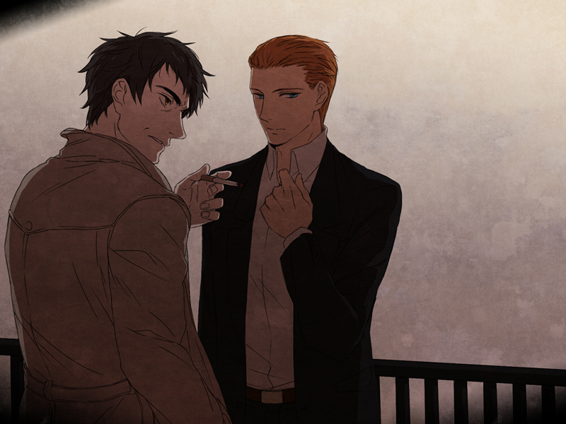 2boys, android, black_hair, blue_eyes, brown_eyes, brown_hair, cigarette, coat