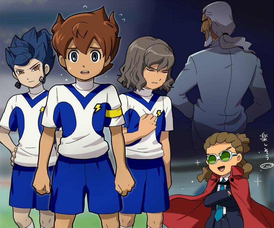 5boys, beard, blue_hair, brown_hair, closed_eyes, facial_hair, formal, from_behind, goggles, inazuma_eleven_(series), inazuma_eleven_go, inazuma_eleven_go_galaxy, kidou_yuuto, kuroiwa_ryuusei, lightning_bolt, matsukaze_tenma, mizuhara_aki, multiple_boys, necktie, open_mouth, shindou_takuto, shinsei_inazuma_japan, soccer_uniform, suit, sweat, tears, tsurugi_kyousuke