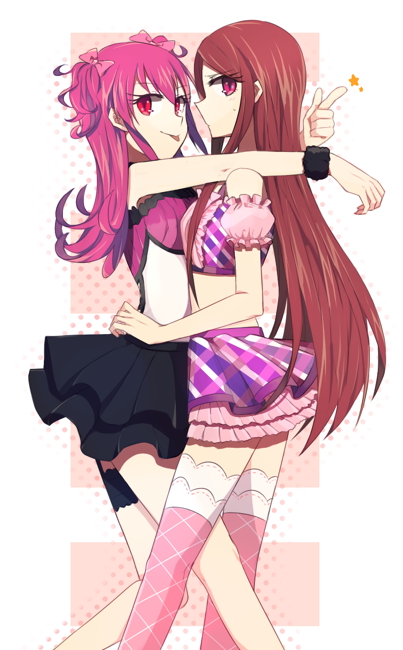 2girls, aikatsu!, arm_around_shoulder, arm_on_shoulder, bare_shoulders, brown_hair, half_updo, highres