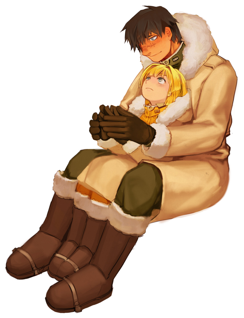 1boy, 1girl, alice_l_malvin, blonde_hair, boots, coat, ferri_yang, fur_collar, gloves, highres, military, military_uniform, pumpkin_scissors, randal_orlando, scar, size_difference, uniform