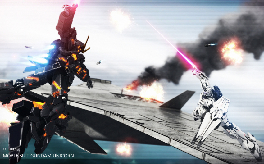 energy_sword, explosion, gundam, gundam_unicorn, henry1025, highres, shield, sky