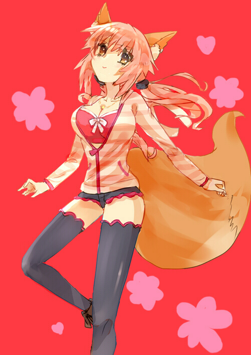1girl, animal_ears, bow, breasts, caster_(fate/extra), casual, fate/extra, fate_(series), fox_ears, fox_tail, hair_bow, hair_ribbon, izumi_minato, long_hair, pink_hair, ribbon, solo, tail, thigh-highs, twintails, yellow_eyes