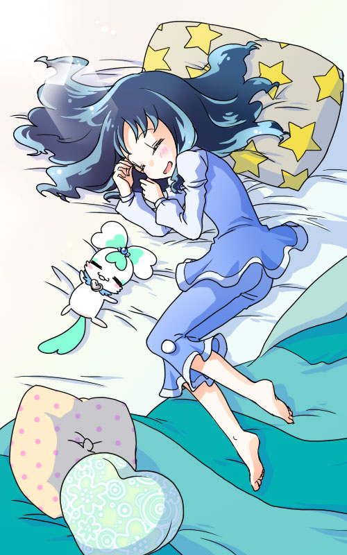 1girl, barefoot, bed, blanket, blue_hair, blush, closed_eyes, coffret_(heartcatch_precure!)