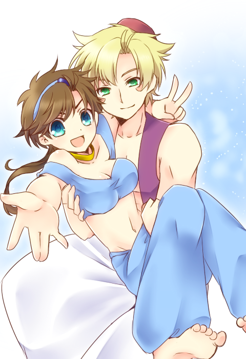 1boy, 1girl, aji_paba, aladdin_(character), aladdin_(character)_(cosplay), aladdin_(disney), barefoot, blonde_hair