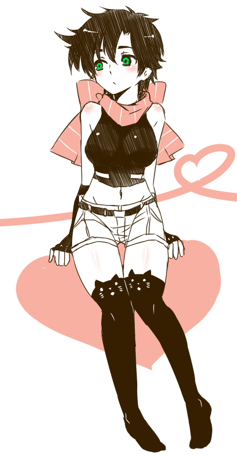 1boy, aji_paba, blush, breasts, brown_hair, denim, denim_shorts, fingerless_gloves, genderswap, gloves, green_eyes, jojo_no_kimyou_na_bouken, joseph_joestar_(young), midriff, scarf, short_hair, shorts, solo, thigh-highs