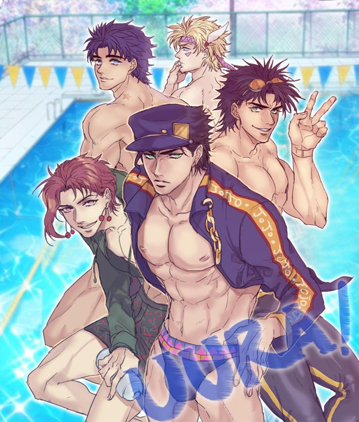 5boys, blonde_hair, blue_hair, caesar_anthonio_zeppeli, facial_mark, feathers, free!, goggles