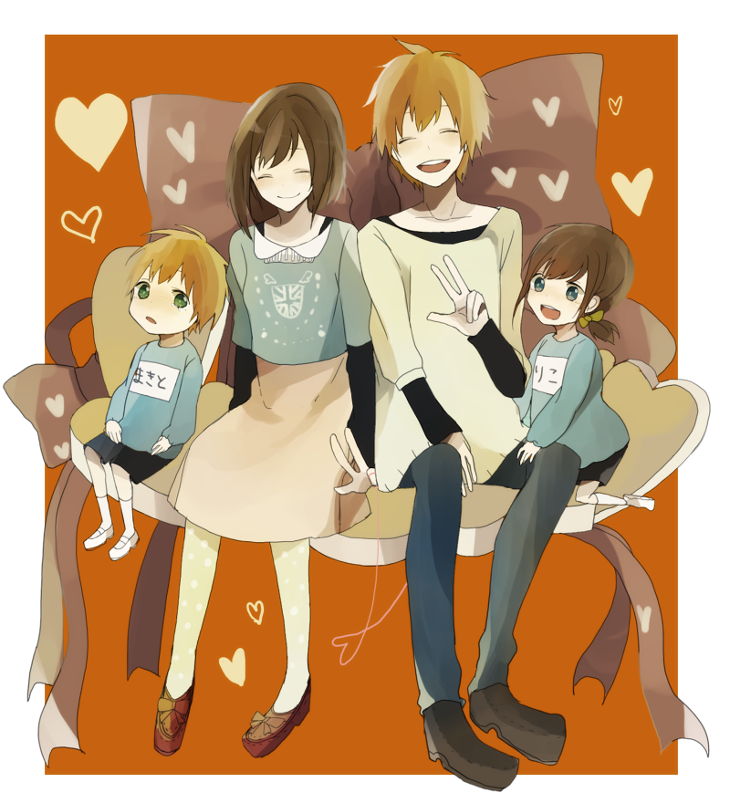 2boys, 2girls, brown_hair, c4991, child, closed_eyes, family, father_and_daughter, father_and_son, green_eyes, happy, heart, husband_and_wife, mother_and_daughter, mother_and_son, multiple_boys, multiple_girls, original, siblings, smile, v