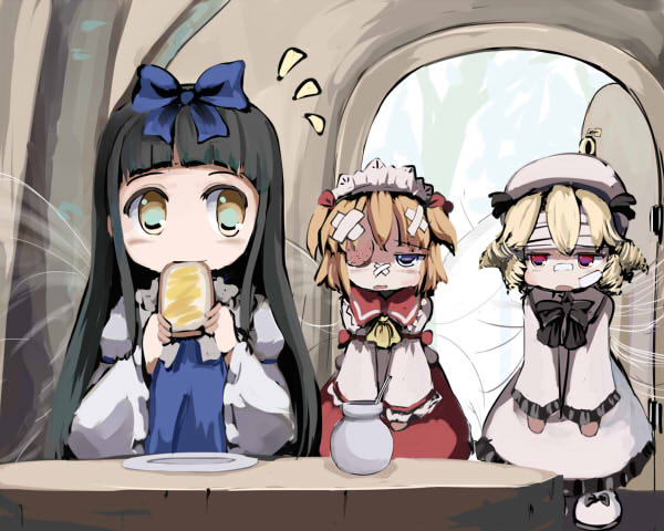 bandage, bandaid, black_hair, blonde_hair, blue_eyes, bread, bread_in_mouth, bruise