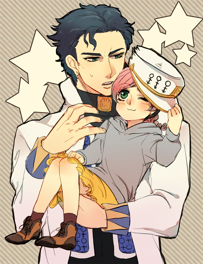 1boy, 1girl, abiyka, black_hair, child, double_bun, father_and_daughter, green_eyes