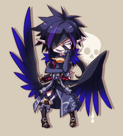 1boy, black_hair, boots, brown_background, chibi, eyepatch, japanese_clothes, kyousaku, male, multicolored_hair, mygrimoire, original, pointy_ears, purple_hair, raum_(mygrimoire), smile, solo, spiky_hair, two-tone_hair, wings