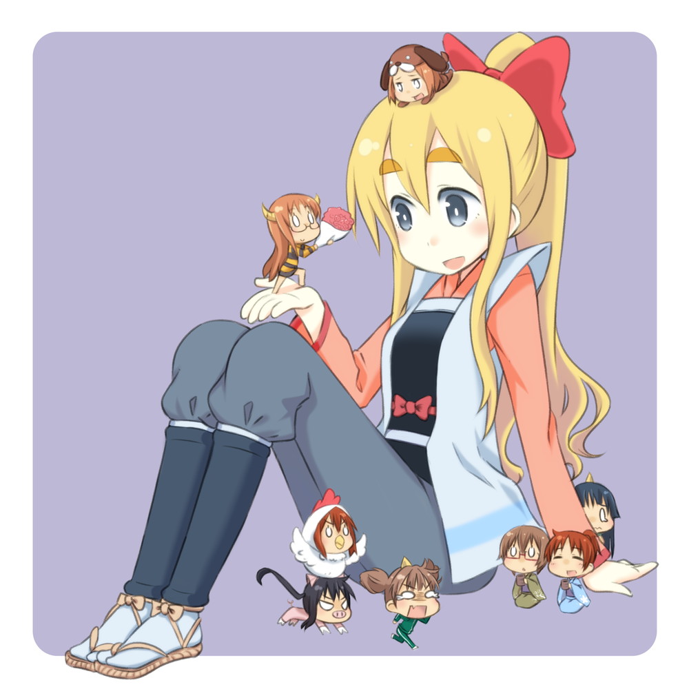 6+girls, akiyama_mio, animal_costume, blonde_hair, blue_eyes, chibi, cosplay, hirasawa_ui, hirasawa_yui, ishimari, japanese_clothes, k-on!, kotobuki_tsumugi, manabe_nodoka, momotarou, multiple_girls, nakano_azusa, ponytail, suzuki_jun, tainaka_ritsu, yamanaka_sawako