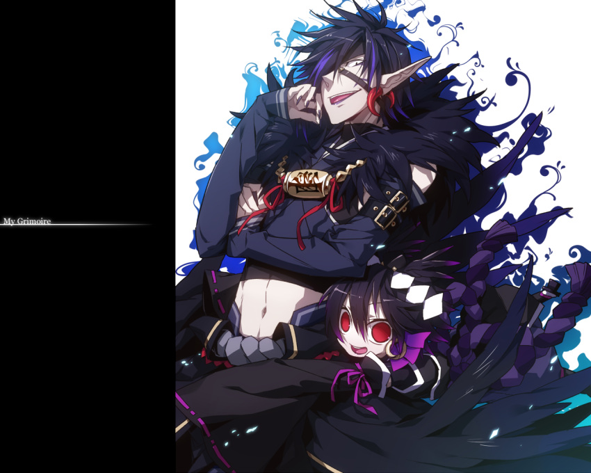 2boys, black_hair, earrings, eyepatch, fur_trim, height_difference, hug, hug_from_behind, jewelry, kyousaku, male, multicolored_hair, multiple_boys, mygrimoire, navel, original, pale_skin, pointy_ears, purple_hair, raum_(mygrimoire), red_eyes, smile, stolas_(mygrimoire), two-tone_hair