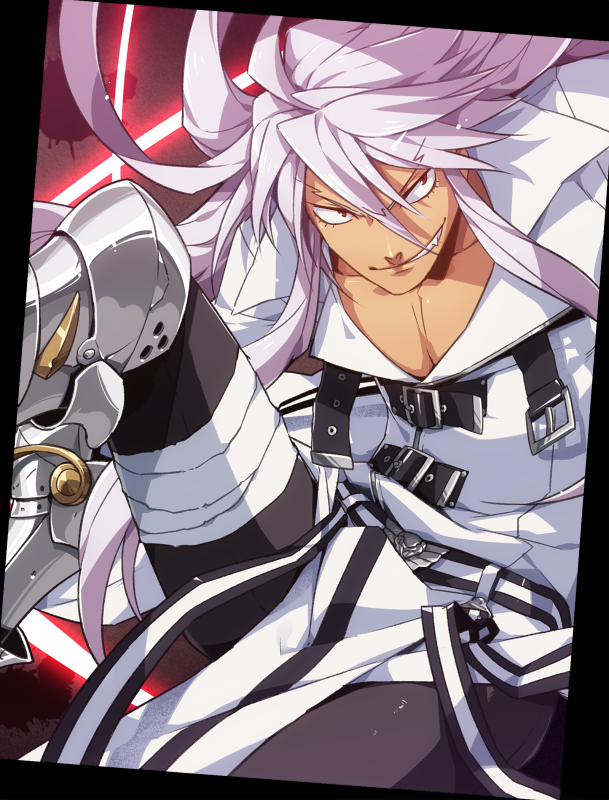 1boy, albino, belt, boots, coat, greaves, grin, halphas_(mygrimoire), kyousaku, long_hair, male, mygrimoire, original, pants, red_eyes, smile, solo, white_hair
