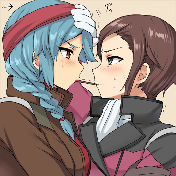 2girls, aqua_hair, arisa_gunhale, blue_hair, blush, braid, brown_eyes, brown_hair