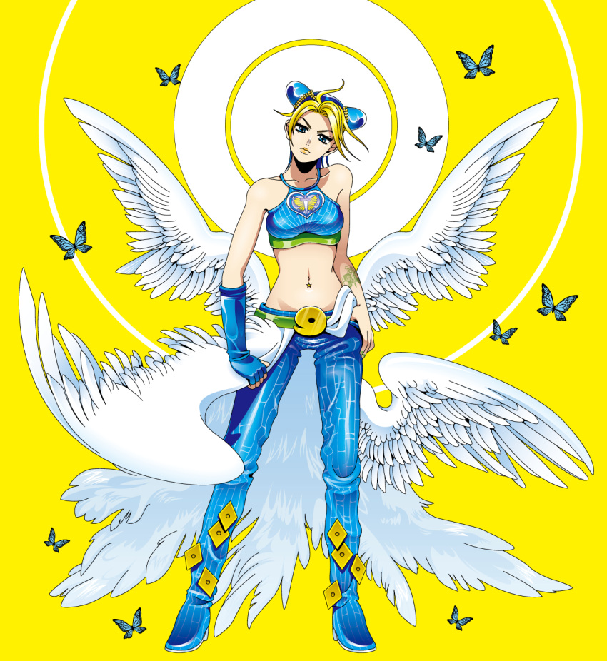 1girl, black_hair, blonde_hair, blue_eyes, blue_hair, braid, butterfly, double_bun, highres, jojo_no_kimyou_na_bouken, kuujou_jolyne, midriff, multicolored_hair, multiple_wings, solo, tazbun, two-tone_hair, wings