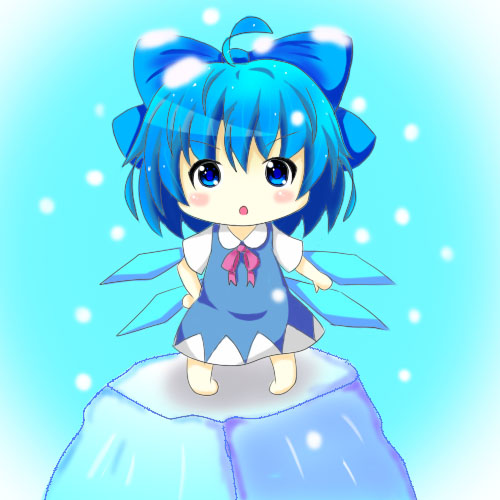1girl, :o, ahoge, blue_background, blue_eyes, blue_hair, blush_stickers, bow, chibi, cirno, curtains_match_the_window, dress, hair_bow, hand_on_hip, ice, looking_at_viewer, lowres, ribbon, rurikitsune, short_hair, simple_background, snow, snow_on_head, solo, standing_on_object, touhou, wings