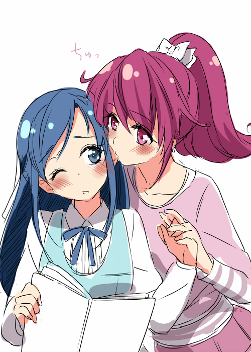 2girls, aida_mana, biting, blue_eyes, blue_hair, blush, couple, curtains_match_the_window