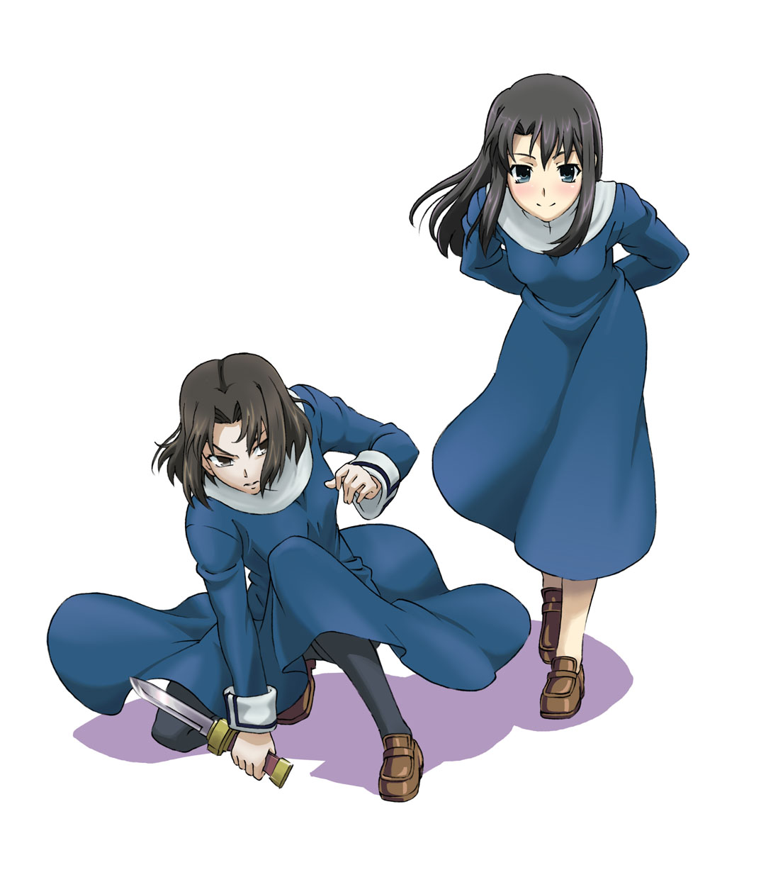 arms_behind_back, black_eyes, black_hair, black_legwear, blue, blue_eyes, blush, brown_eyes, crouch, eyes, habit, highres, kara_no_kyoukai, kneeling, knife, kokutou_azaka, leaning, long_hair, maachin_(hmh-project), multiple_girls, no_socks, pantyhose, reverse_grip, ryougi_shiki, school_uniform, short_hair, weapon