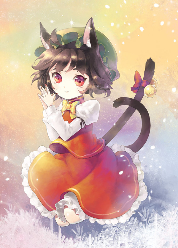 1girl, animal_ears, bell, brown_hair, cat_ears, cat_tail, chen, hat
