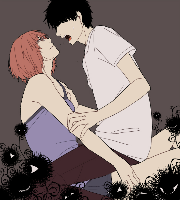 1boy, 1girl, aku_no_hana, black_hair, doudoude_dou, eyes, flower, glasses, kasuga_takao, nakamura_sawa, redhead, short_hair