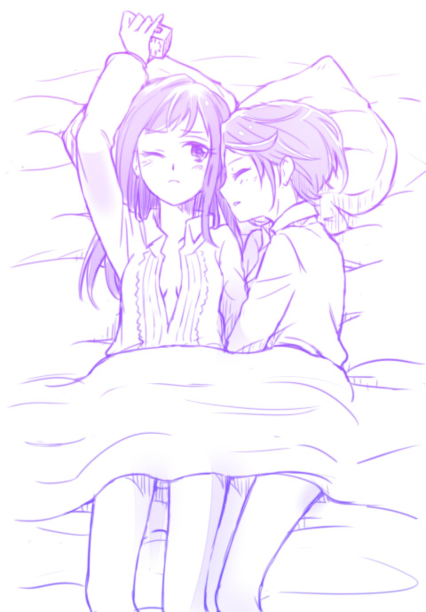 2girls, alarm_clock, arm_hug, arm_up, bed, blanket, blush, clock