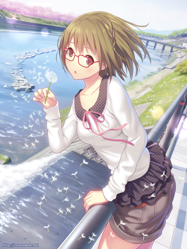 braid, bridge, brown_eyes, brown_hair, cherry_blossoms, dandelion_seed, glasses, mana_kakkowarai