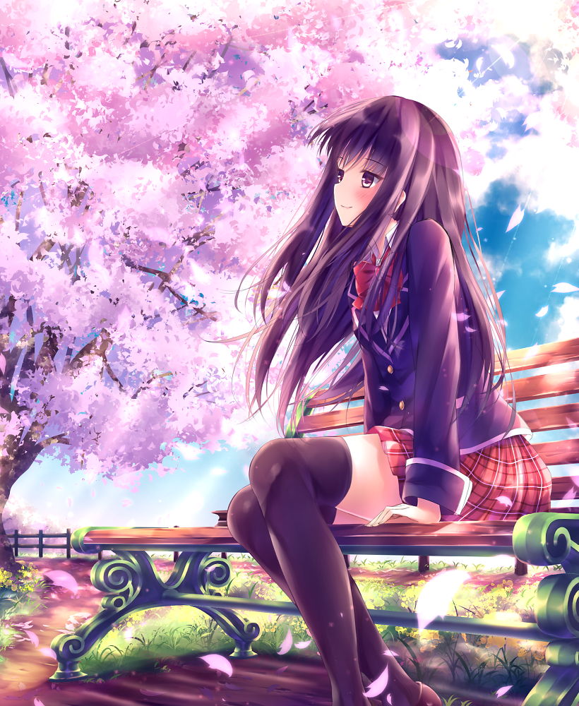 bench, blazer, brown_eyes, brown_hair, cherry_blossoms, clouds, long_hair, original