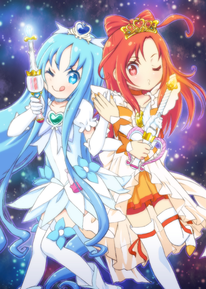 2girls, :3, ;q, bike_shorts, blue_eyes, blue_hair, c-chrone, choker
