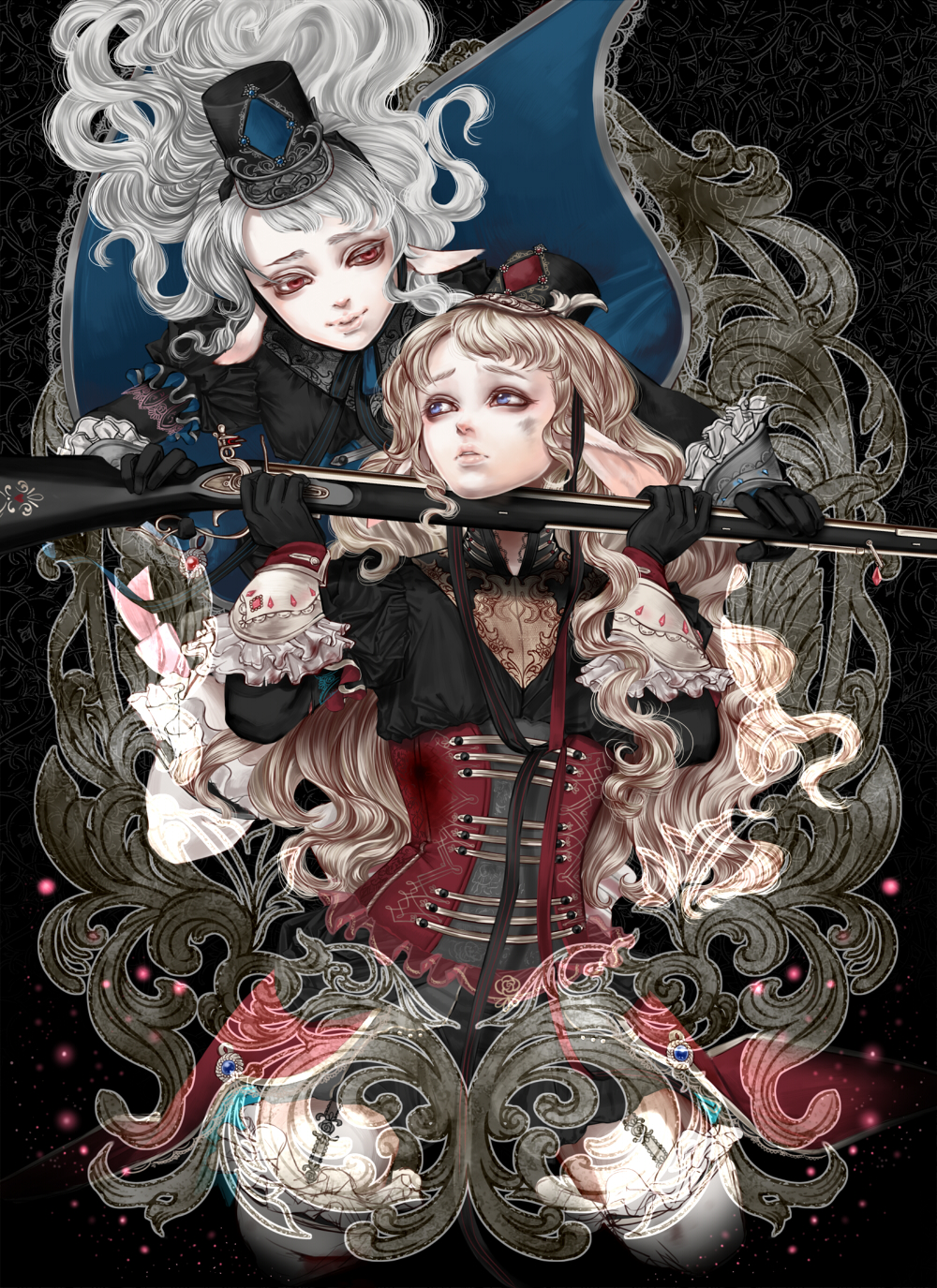 animal_ears, blonde_hair, blue_eyes, corset, dirty_face, dress, frills, gloves
