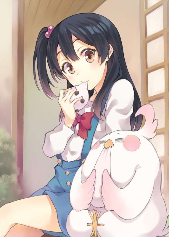 1girl, bird, black_hair, bow, brown_eyes, crossed_legs, dera_mochimazzui, eating