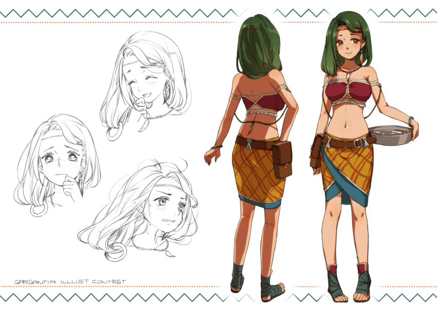 ^_^, bandeau, bare_shoulders, basin, belt, bracelet, brown_eyes, character_sheet