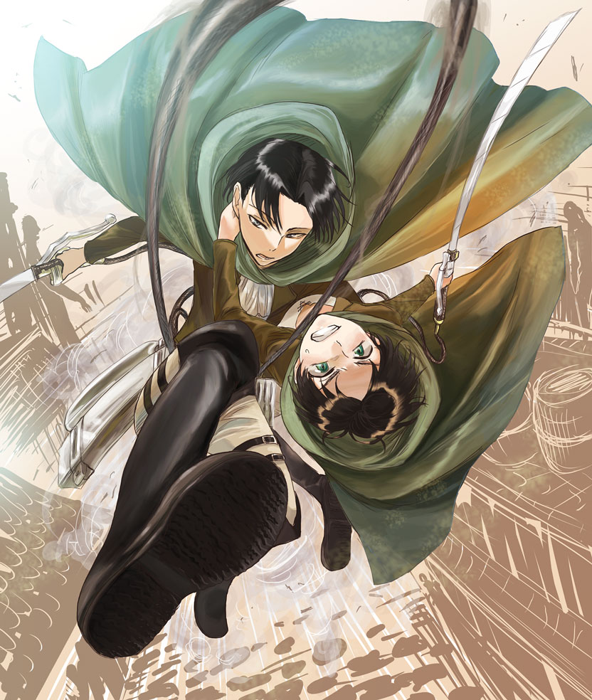 2boys, 3dmg, black_hair, boots, cape, cz-j, eren_jaeger, foreshortening